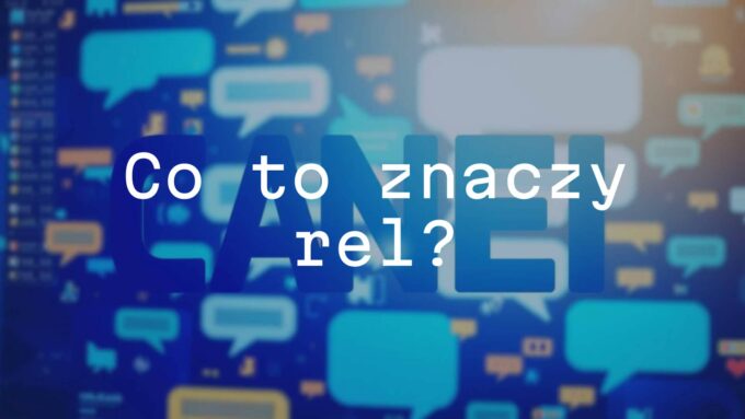 Youthful slang word 'rel' displayed in bold typography, modern digital background with chat bubbles, vibrant colors, relatable vibe.