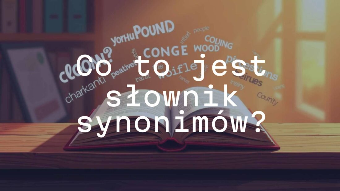 A colorful thesaurus book open on a wooden table, surrounded by floating synonyms written in different fonts, warm lighting, illustrative style.